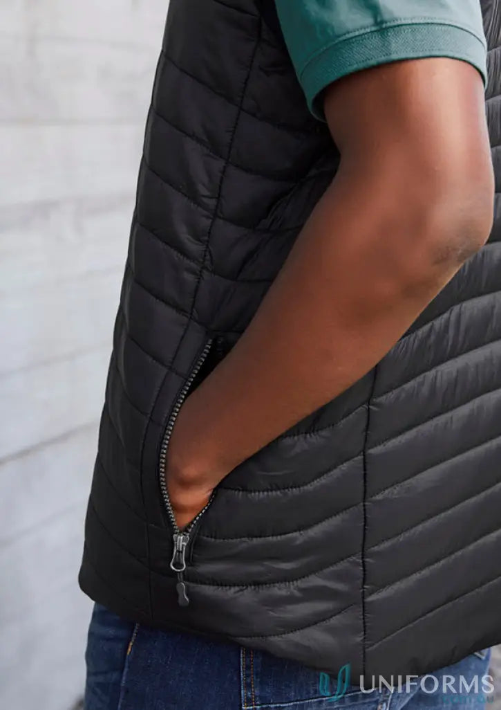 Black quilted Mens Expedition Vest with zippered pocket made of premium Hi-Loft Polyfil