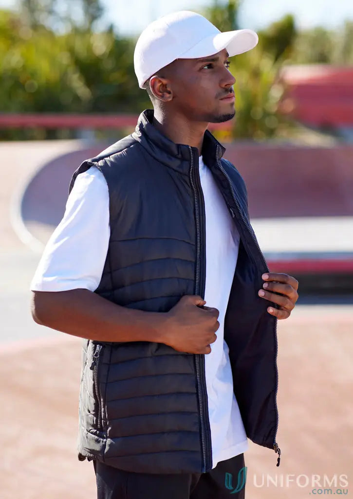 Black quilted Mens Expedition Vest with premium Hi-Loft Polyfil, style j213m