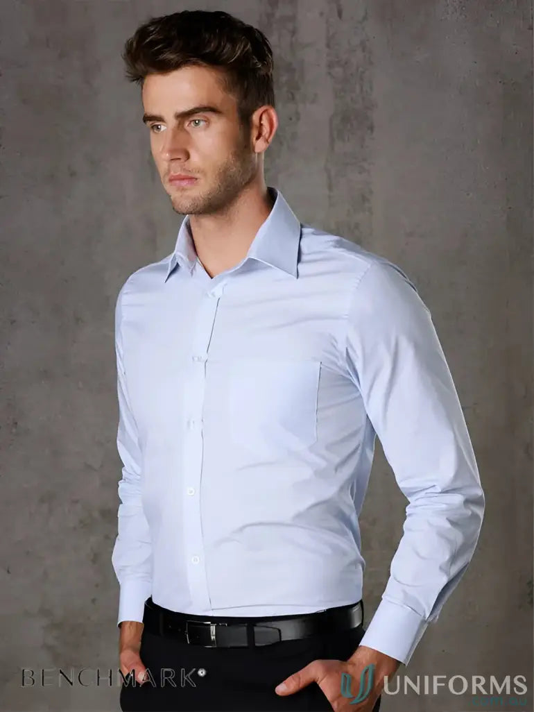 Men’s light blue stripe long sleeve dress shirt from M7212 Men’s Fine Stripe Long collection