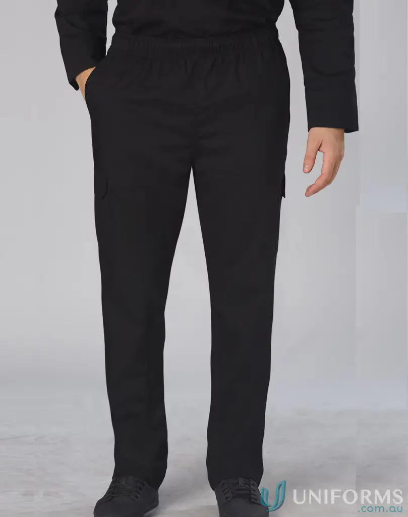 Mens functional chef pants in black cargo with elastic waist for a winning spirit mens look