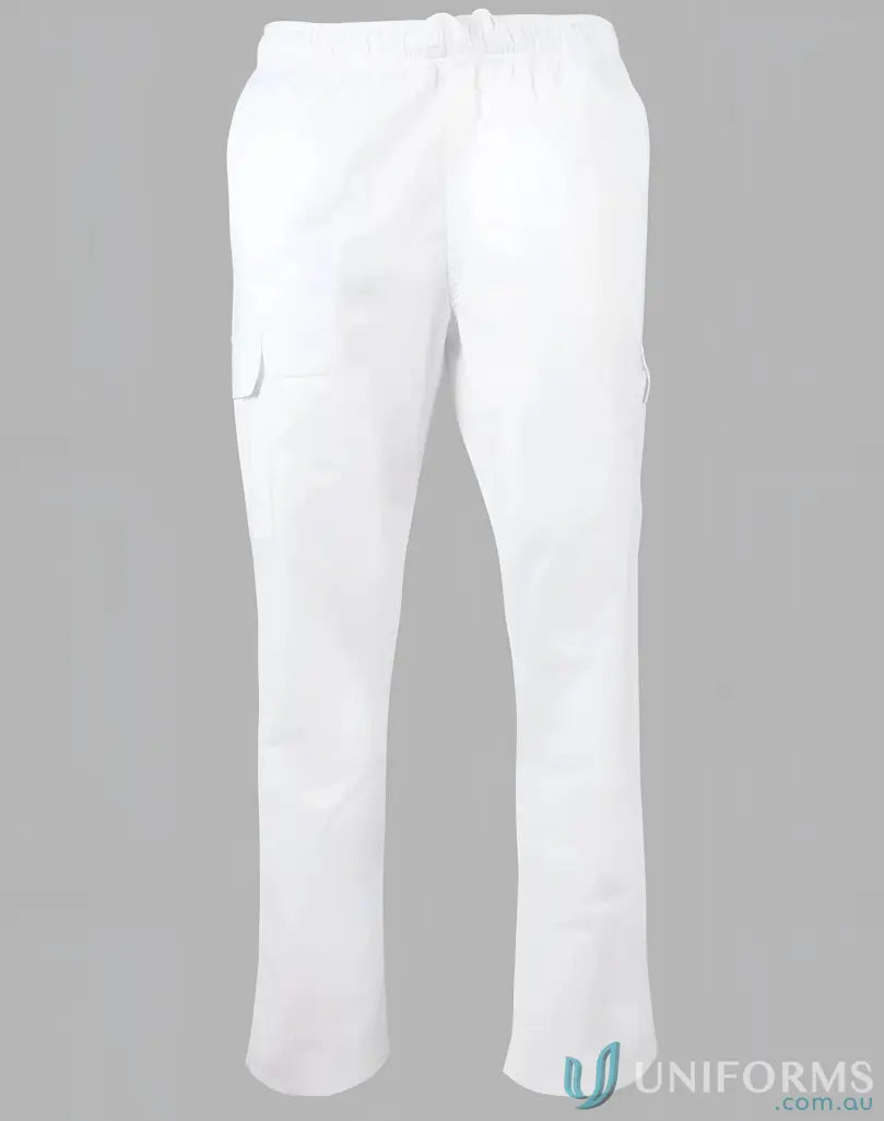 White drawstring cargo pants for mens functional chef pants with a winning spirit mens vibe