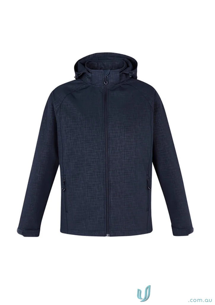 Mens Geo Jacket J135M from Biz Collection Men’s, dark blue softshell with hood and pockets