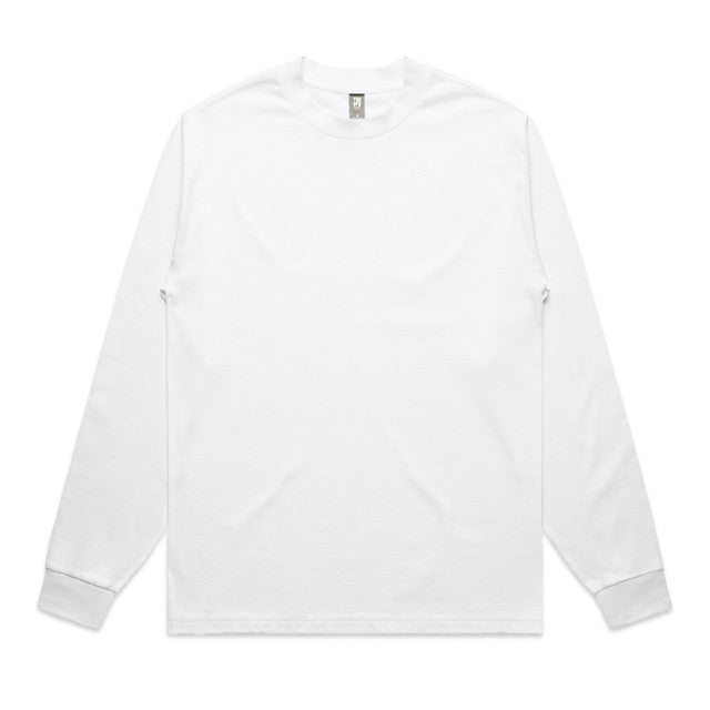 Mens heavyweight long sleeve tee in white cotton with ribbed cuffs