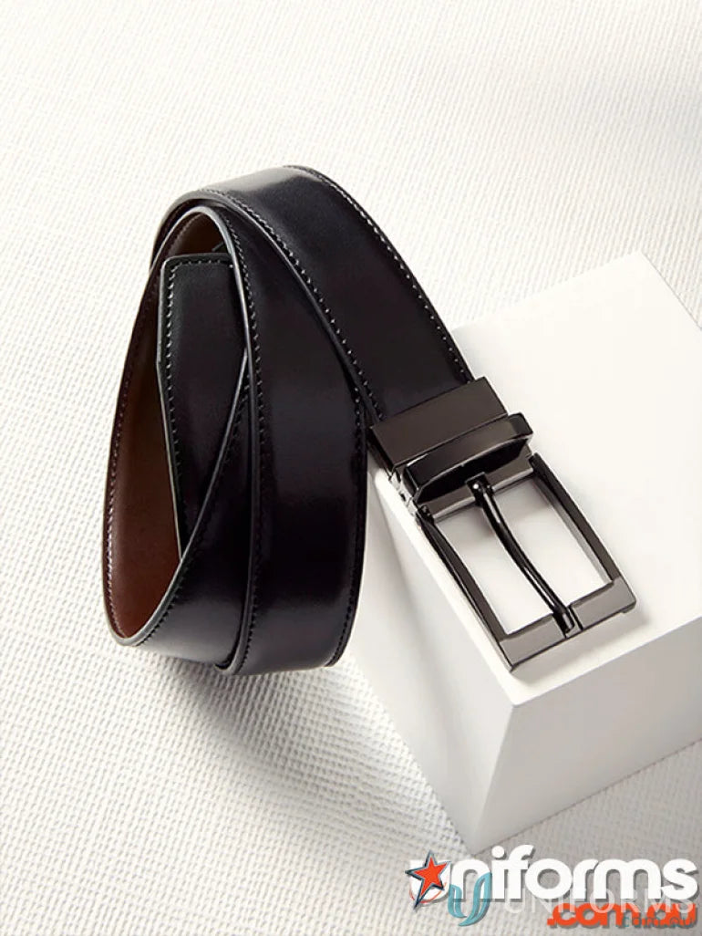 Shiny black leather reversible belt with genuine leather centre for men