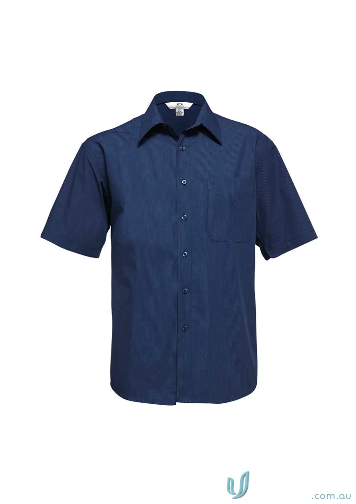 Navy blue men’s micro check short sleeve button-down shirt for casual style