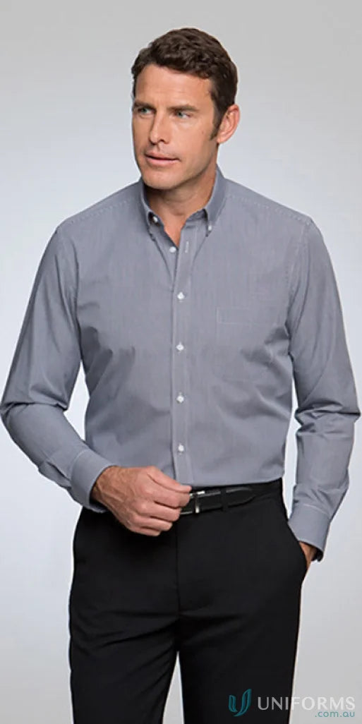 Man modeling Mens Pippa LS Check gray shirt with collar and black dress pants for work style