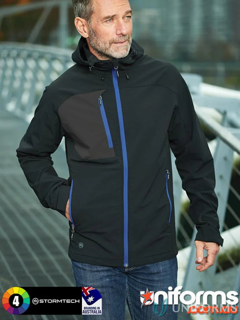 Mens Sidewinder Shell with chest pocket and articulated hood in black with blue zippers