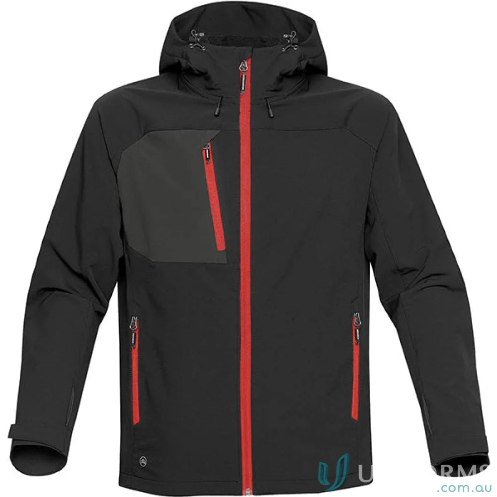 Mens Sidewinder Shell with chest pocket and articulated hood, black softshell jacket
