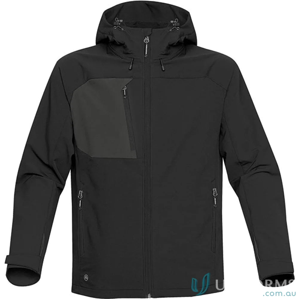 Mens Sidewinder Shell black waterproof jacket with chest pocket and articulated hood