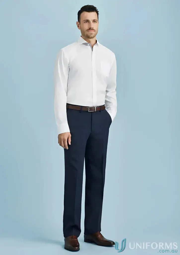 Men’s white dress shirt with dark blue trousers and brown leather belt for workwear