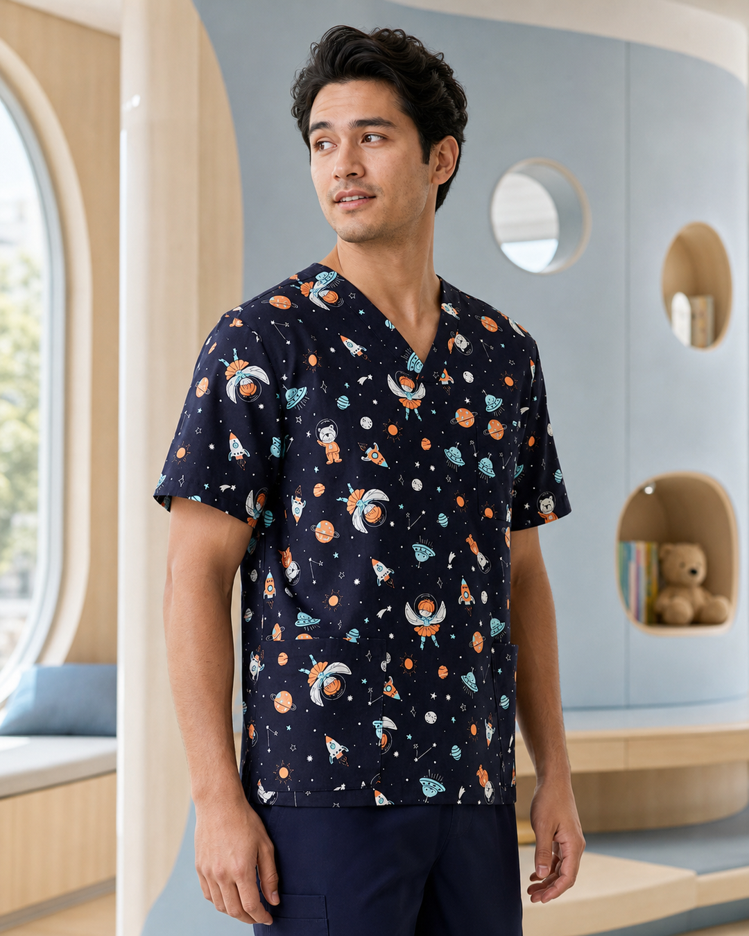 Mens Space Party Scrub Top