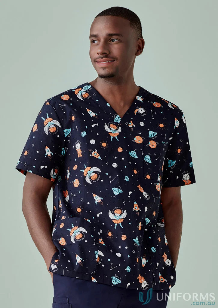 Man in space-themed scrub top from Bizcare Men’s Printed line, perfect for early learning educators