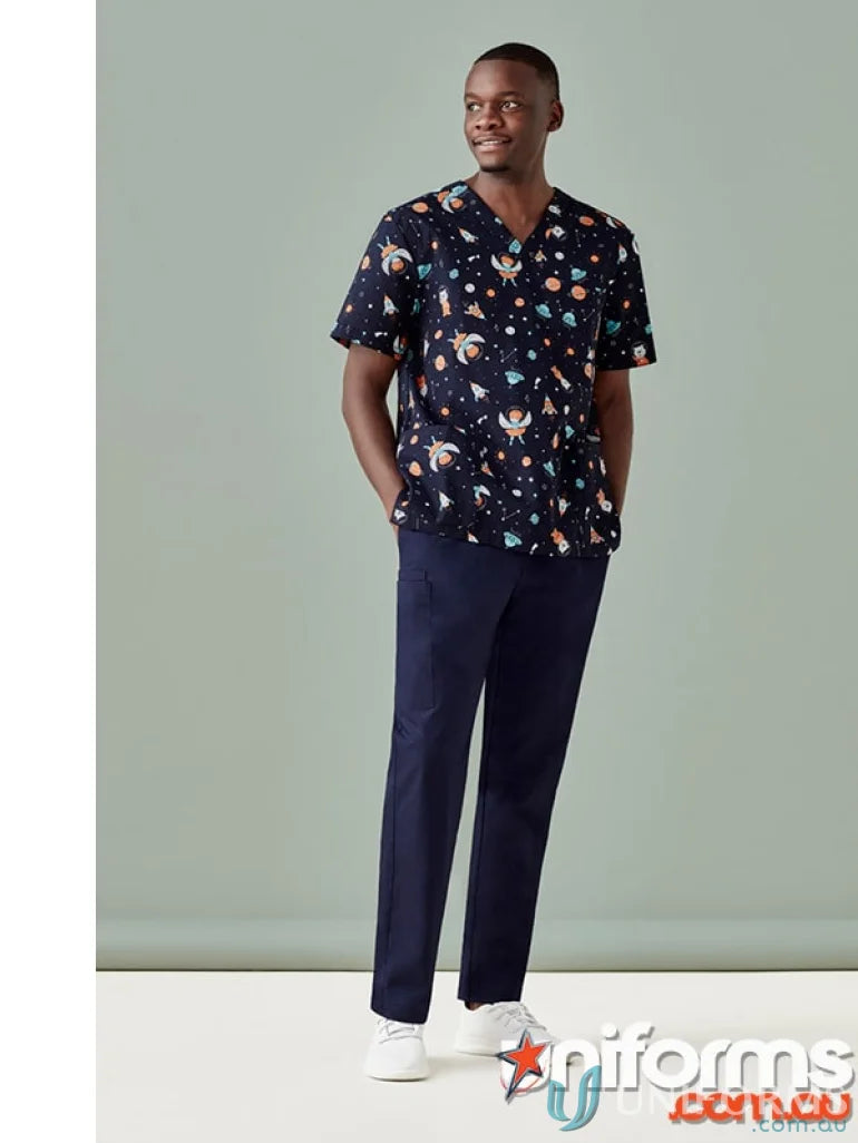 Man in printed space party scrub top for early learning educators and bizcare men’s printed scrubs