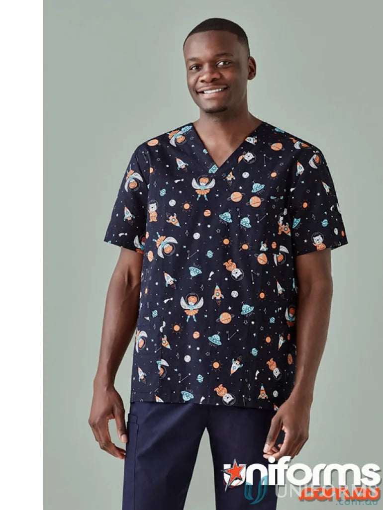 Man wearing Mens Space Party Scrub Top with printed space party design for early learning educators