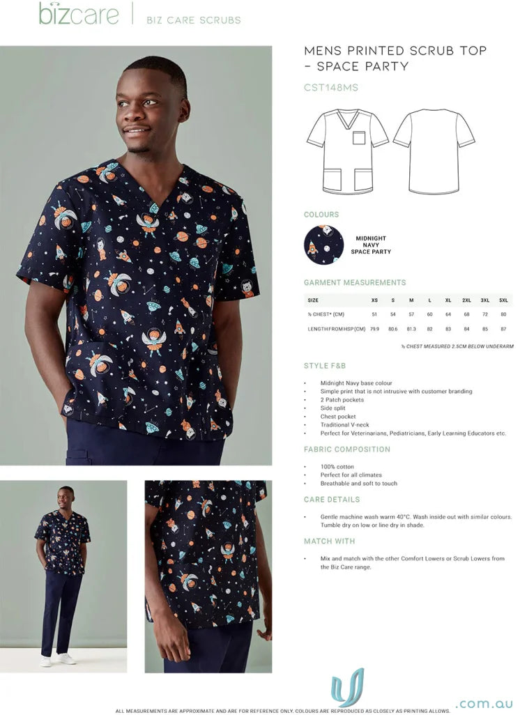 Men’s Space Party Scrub Top with printed space design for early learning educators