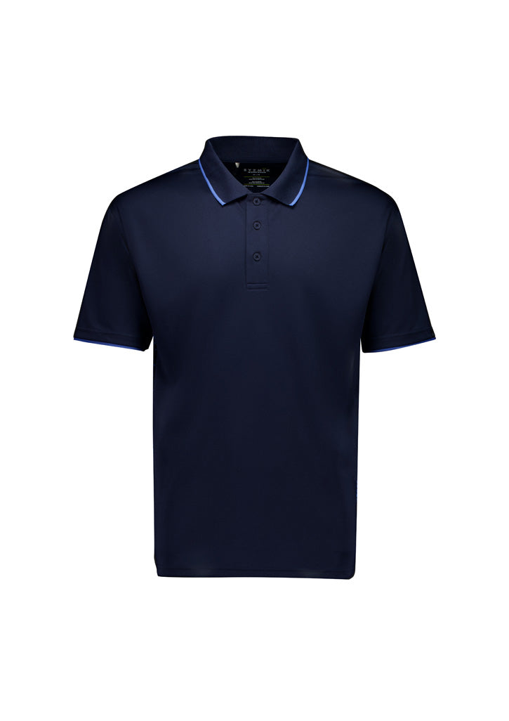 Mens Spark SS Polo in navy blue with light blue trim, breathable fabric