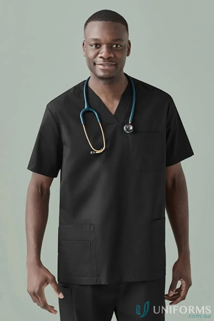Men’s Tokyo V-Neck Scrub Top with black scrub and stethoscope, silverplus® antibacterial