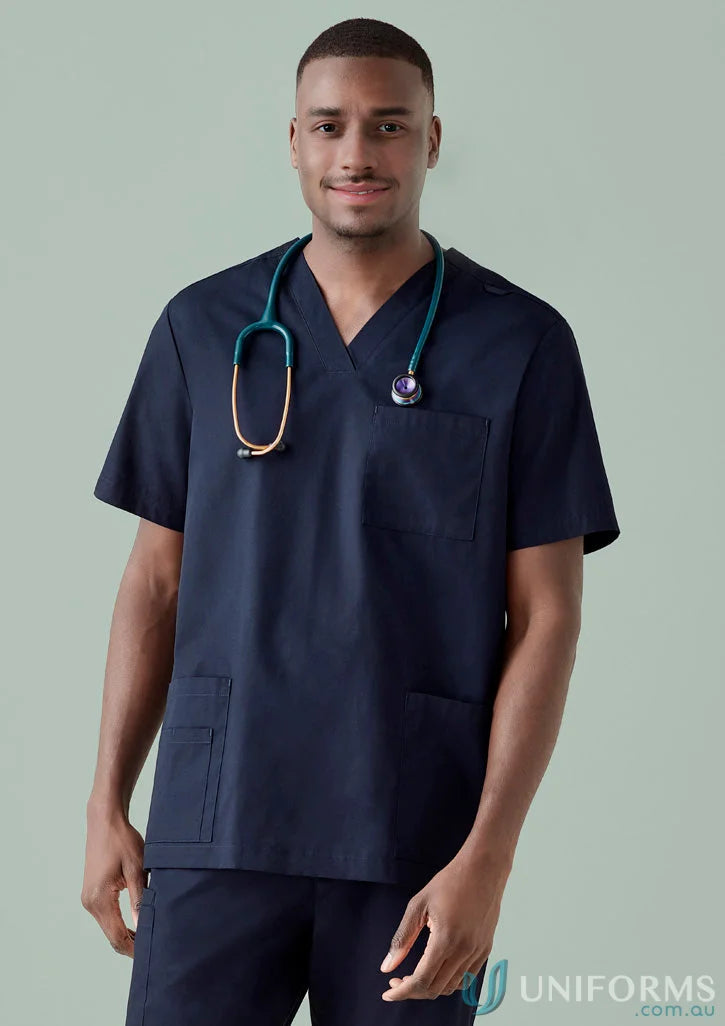 Men’s Tokyo V-Neck Scrub Top in navy blue with stethoscope, silverplus antibacterial tech