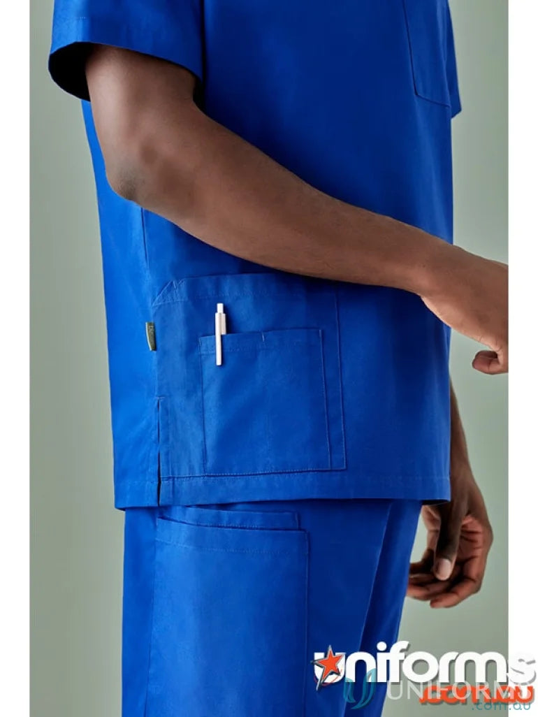 Blue Mens Tokyo V-Neck Scrub Top with Pen, SilverPlus antibacterial men’s scrub tops