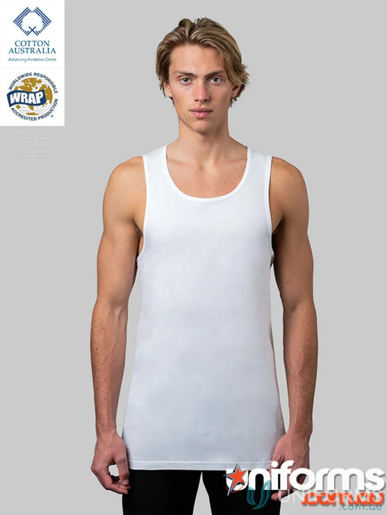 White cotton mens singlet with measuring length for traditional fit, minimum order 20