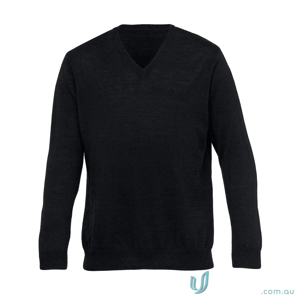 Plain black men’s v-neck long-sleeved sweater made of Australian Merino wool