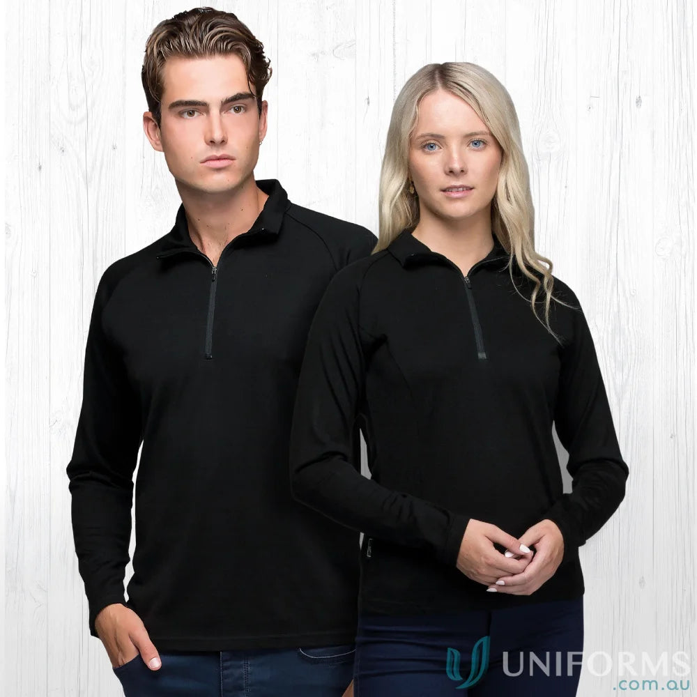 Two people in black merino wool GFL Zip Pullovers perfect for work uniforms