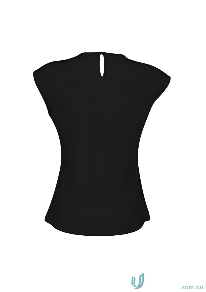 Mia Ladies Knit Top black cap-sleeved blouse in elastane jersey knit with offset pleat fold