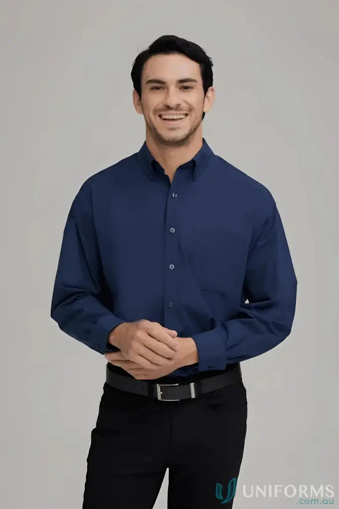 Smiling man in classic style Micro Check LS shirt with black trousers and belt