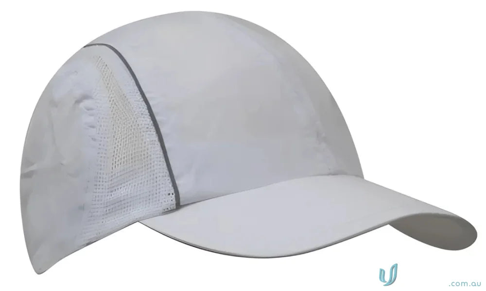 White baseball cap with mesh side panel for uniforms and workwear, see faq link