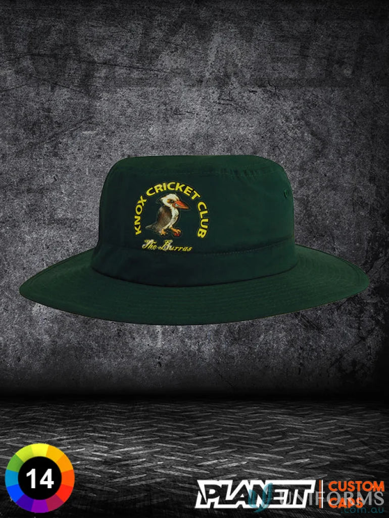 Dark green Microfibre Adjustable Bucket Hat with Knox Cricket Club logo, perfect for workwear or uniforms