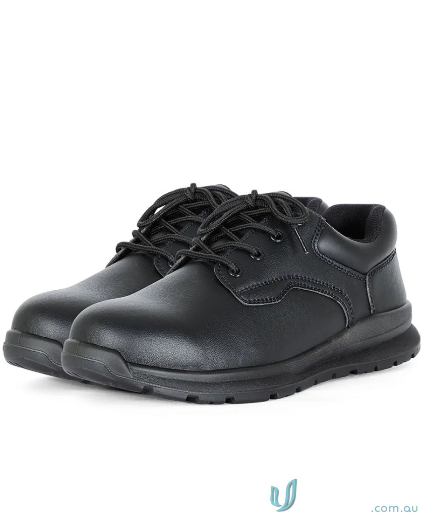 Black lace-up safety shoes with steel toe and textured sole for workwear and uniforms