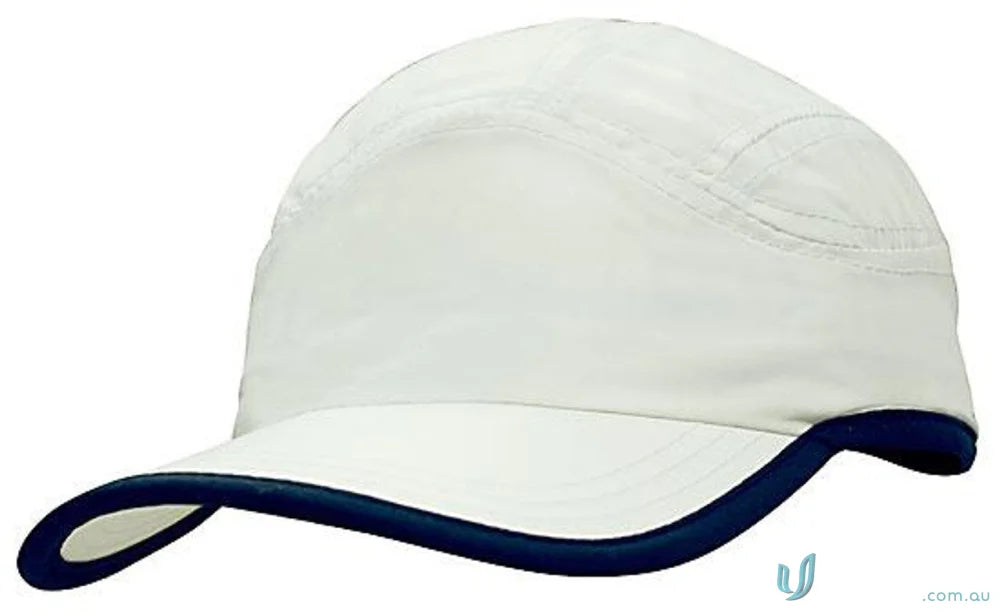White microfibre sports cap with dark blue trim perfect for your sports gear