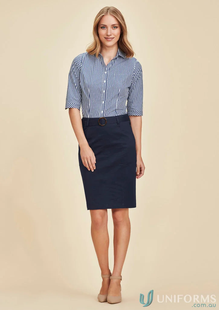 Women’s mid waist navy stretch chino skirt with striped shirt, style RGS264L