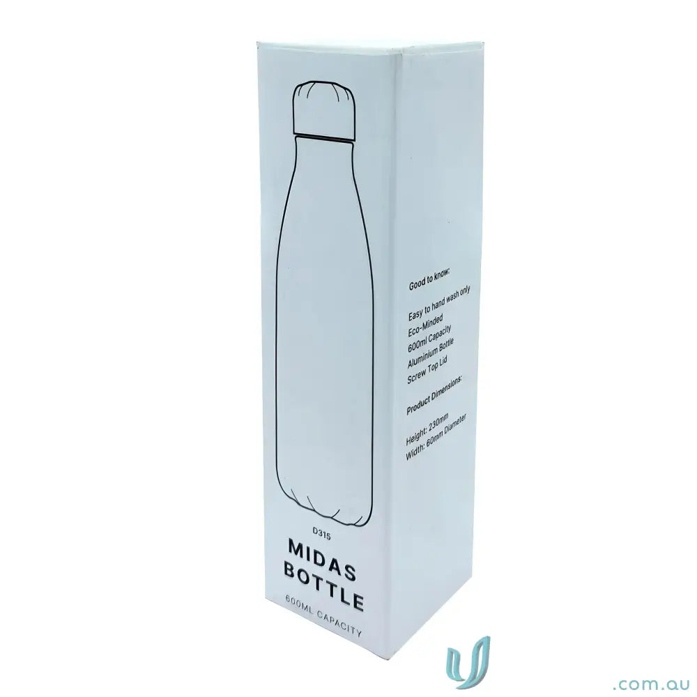 White box with bottle outline for Midas 600ml Aluminium Water Bottle, perfect for uniforms and workwear