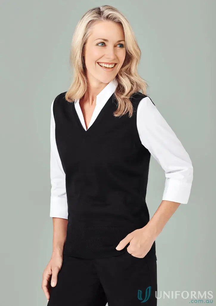 Milano Women’s Vest LV619L deals offers timeless style with woman in black vest and white shirt