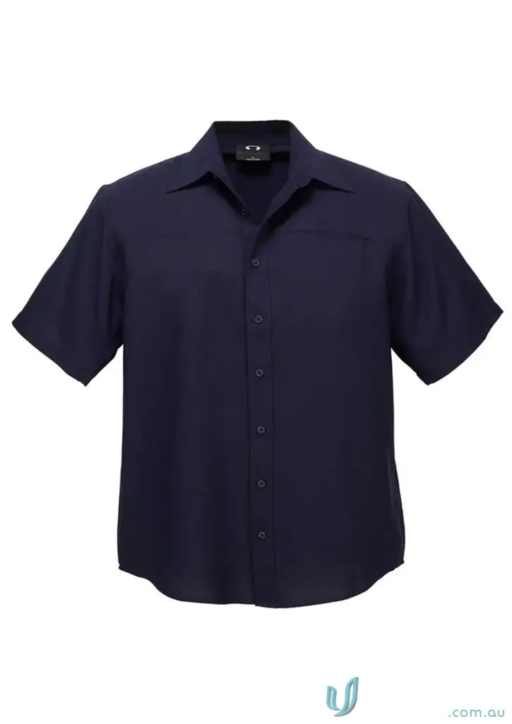 Navy short-sleeved button-down shirt from Mildura Central men’s workwear collection