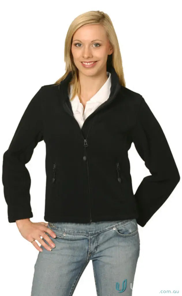 Woman wearing black bonded polar fleece jacket from Mildura ELC Ladies Polar Jacket line