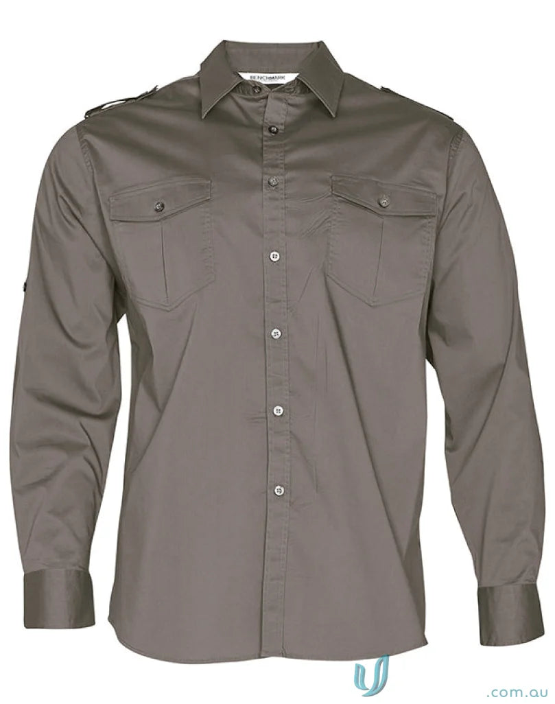Gray long-sleeved button-down shirt from benchmark ls military m7912 men’s long series