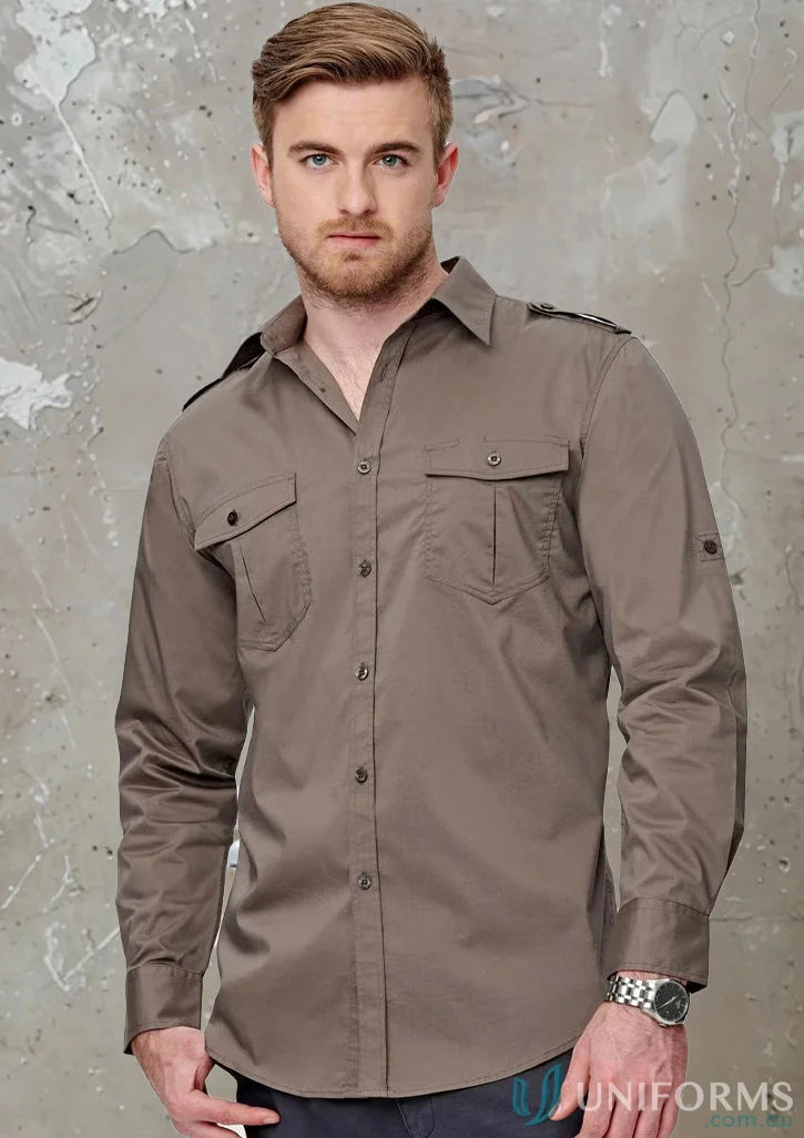 Brown long-sleeved button-down shirt from Benchmark LS Military M7912 Men’s Long Sleeve Military Shirt