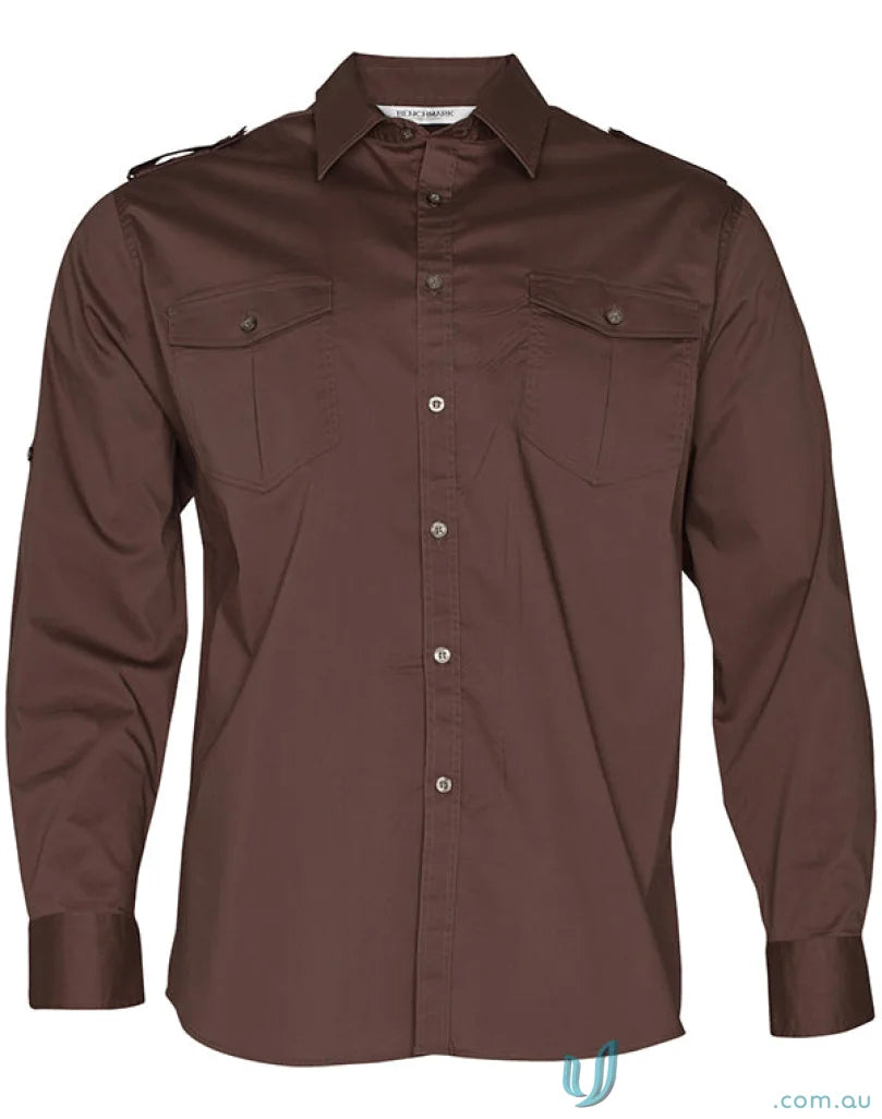 Brown long-sleeved button-down shirt from Benchmark LS Military M7912 Men’s Long Sleeve Military Shirt