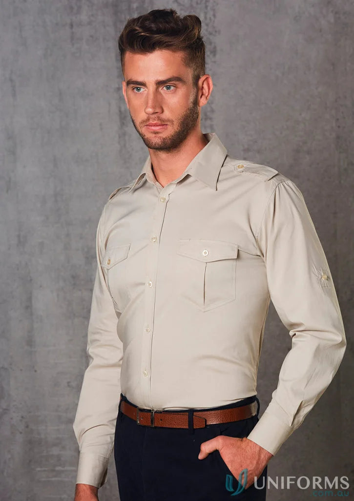 Man in beige benchmark LS military sleeve military shirt showing off M7912 Men’s Long style