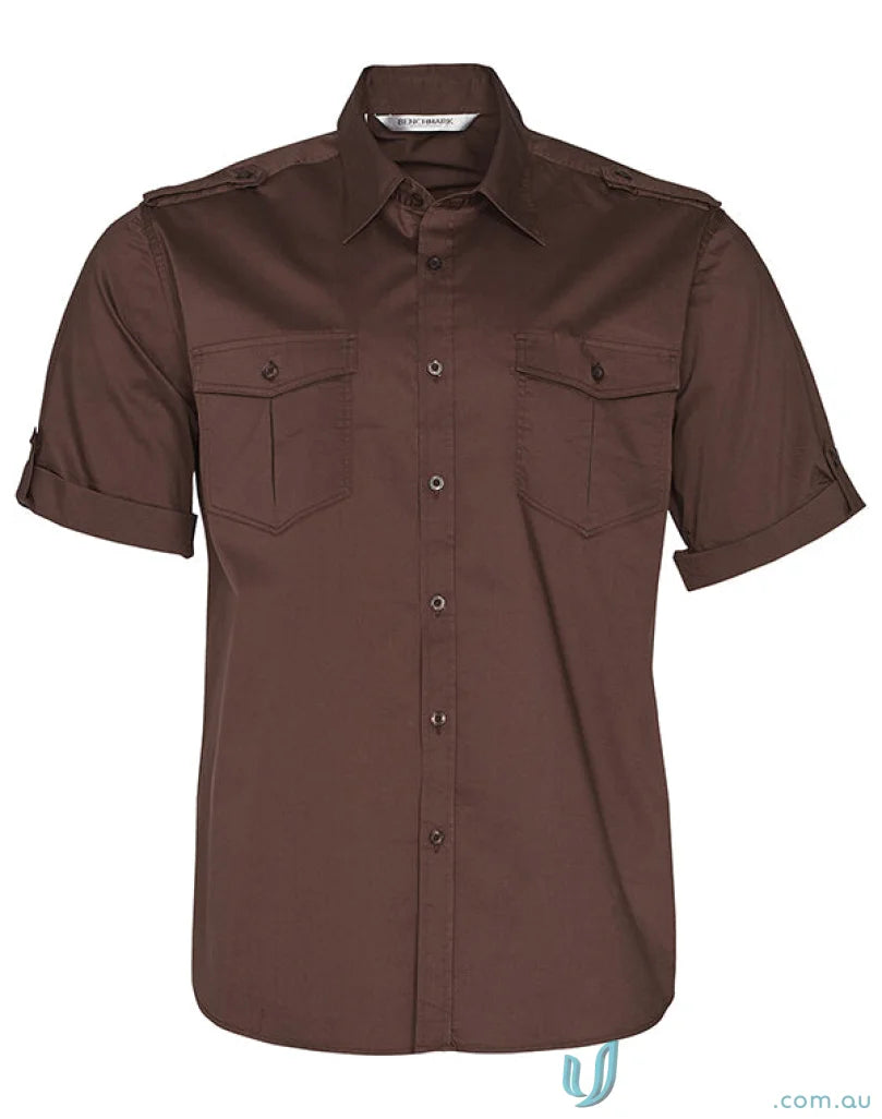 Brown short-sleeved button-down military shirt for men in the benchmark SS Military line