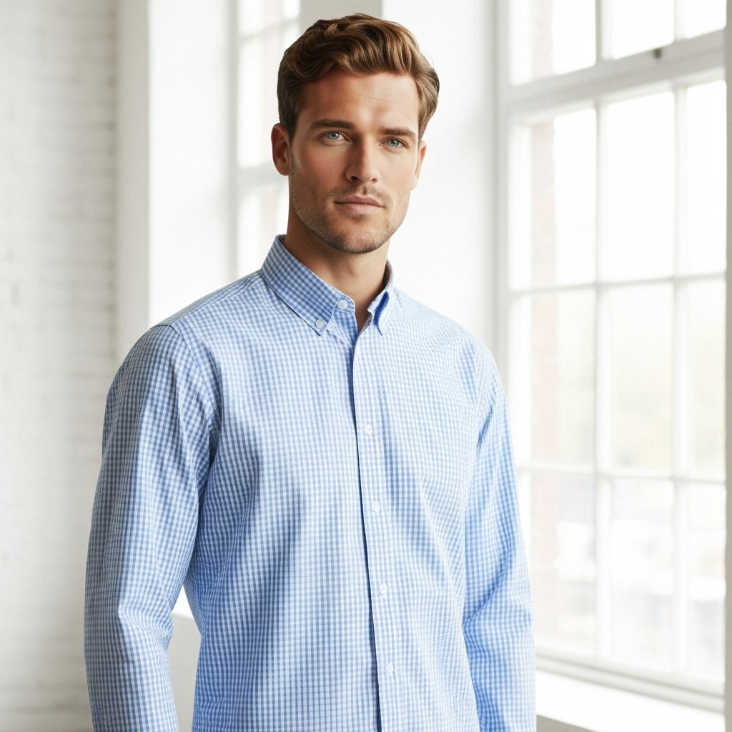 Light blue and white gingham check shirt with long sleeves and classic collar