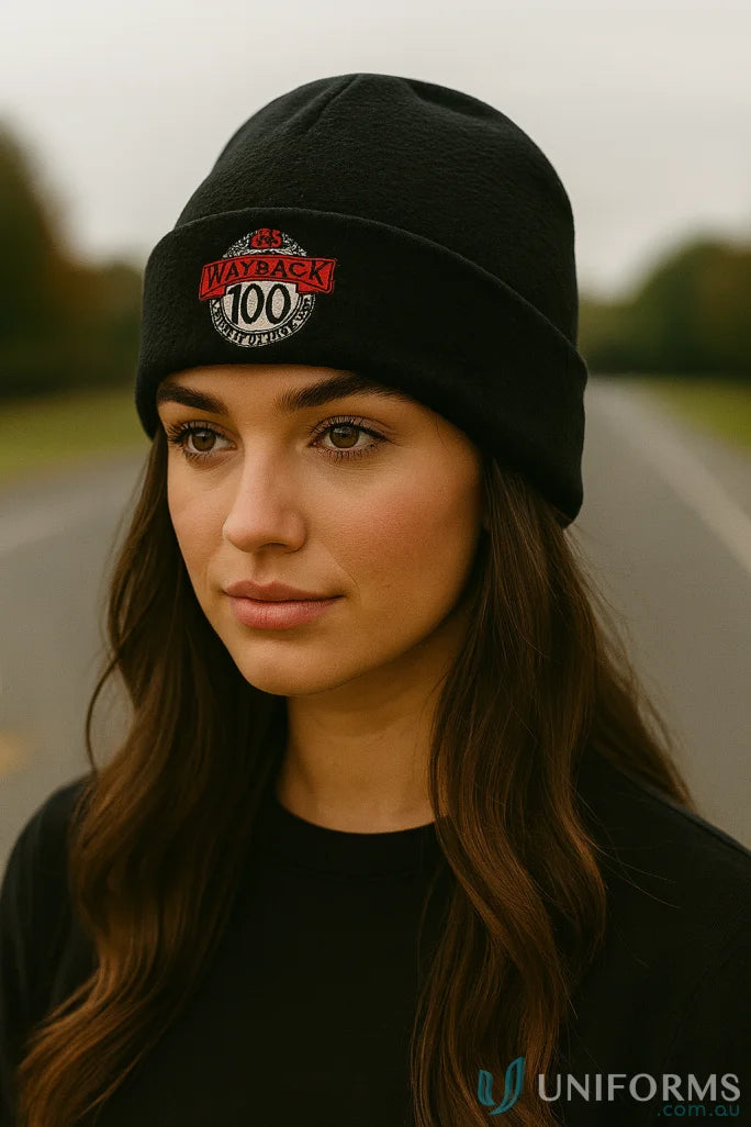 Black Mirco Fleece Beanie with red and white circular patch for cozy style