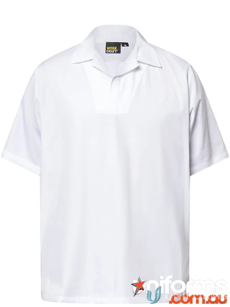 White short-sleeved polo shirt from Modesty Insert Jac, ideal for food industry gear and industrial laundry solutions