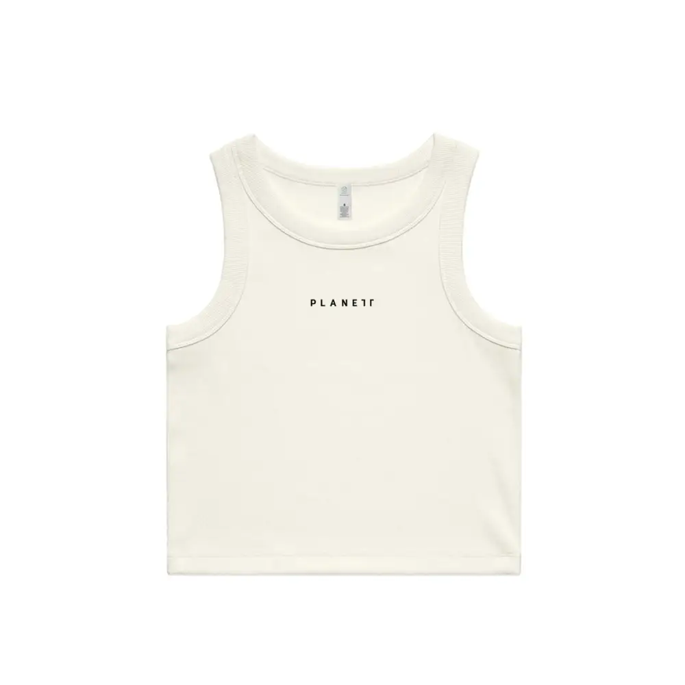 Cream-colored Moira Ladies Tank crop length with planet text