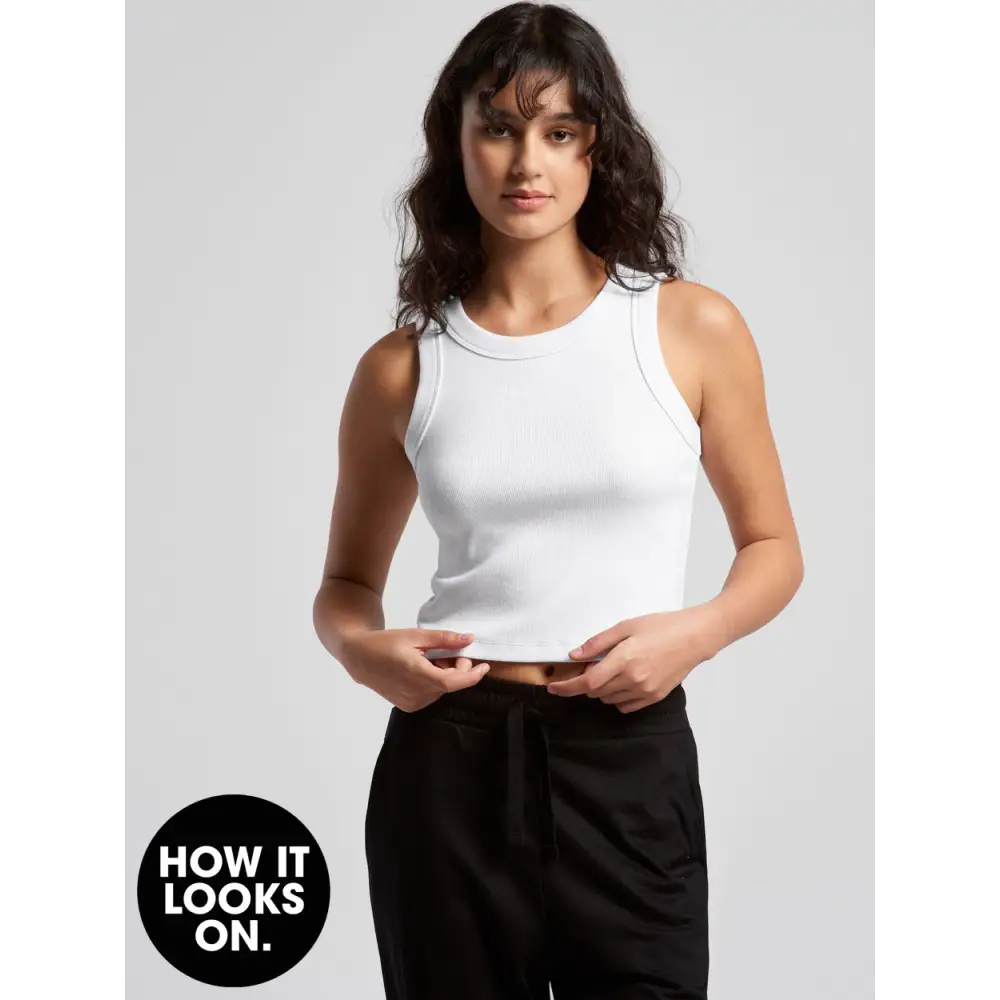 Moira ladies tank: white racerback crop length tank with black pants
