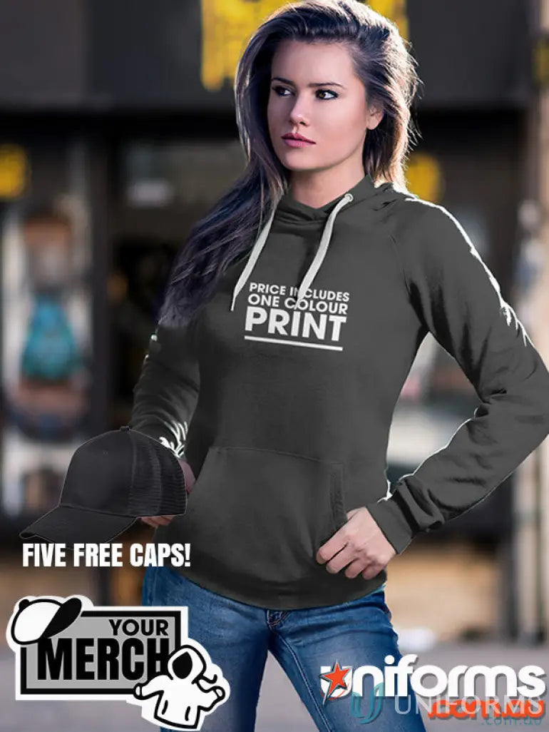 Gray hoodie with white drawstrings from MOQ1000 Printed LADIES Hoodie, perfect workwear