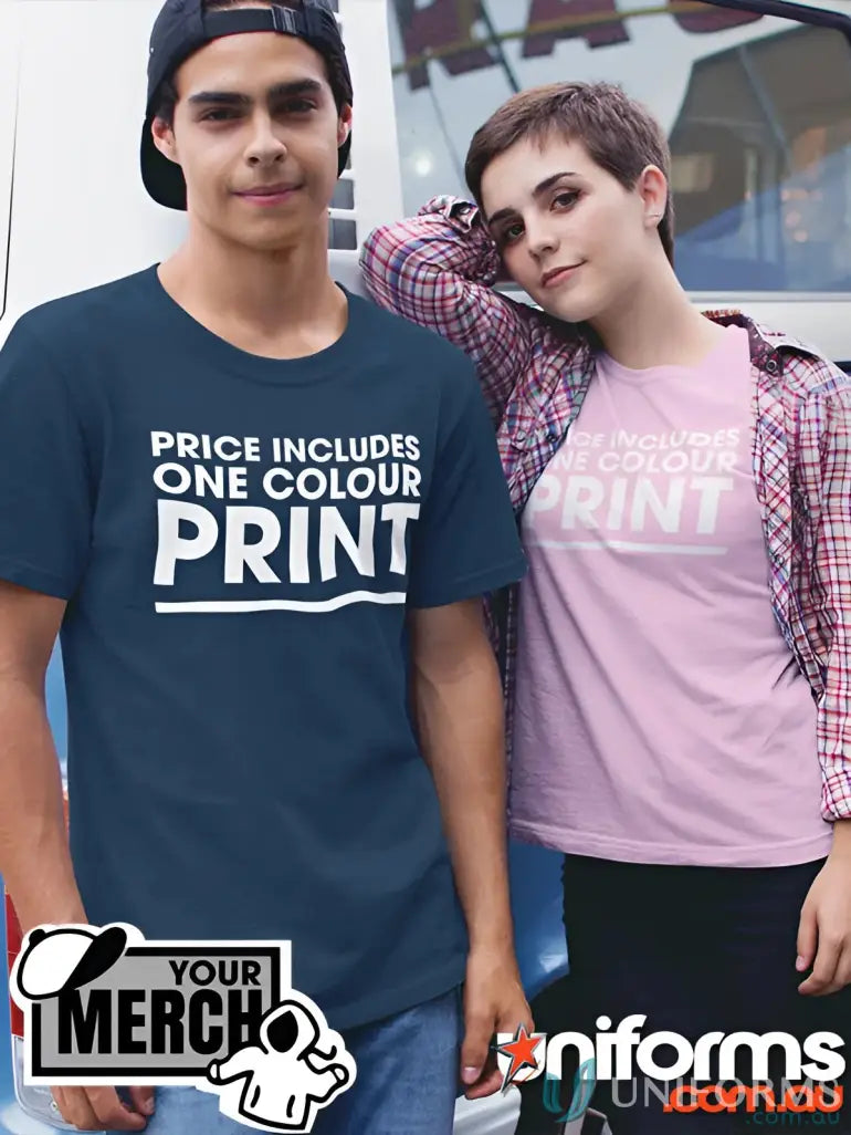 Two people showing off custom printed youth tees made from combed cotton, perfect for uniforms or workwear