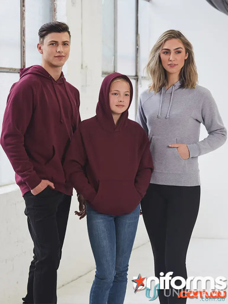 Three people in MOQ250 Printed Youth Hoodie, perfect for casual wear and uniforms